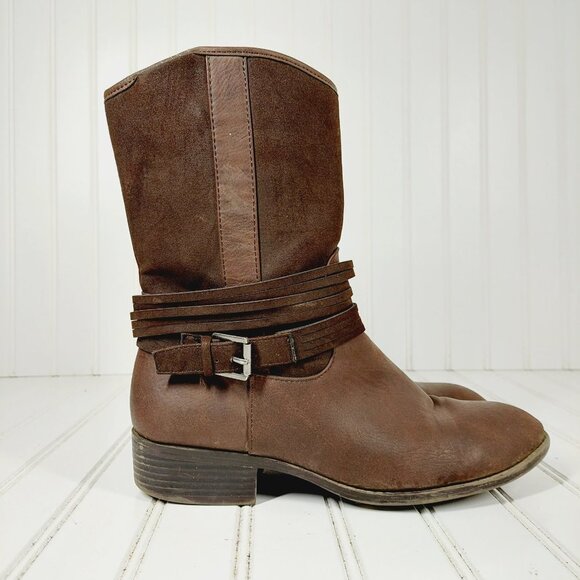 Chaps Gari Brown Leather Slip On Buckle Detail Side Zipper Mid-Shaft Boots D208 - Picture 5 of 12